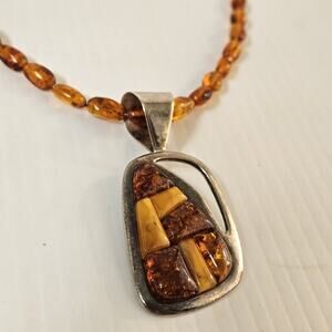 JAY KING 16" Necklace Mosaic Amber 925 SS Pendant w Amber Stones DRT STUNNER!